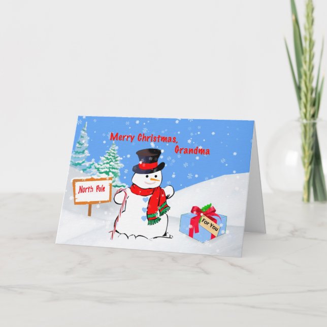 Christmas, Grandma, Snowman, Gift, Snow Holiday Card (Front)