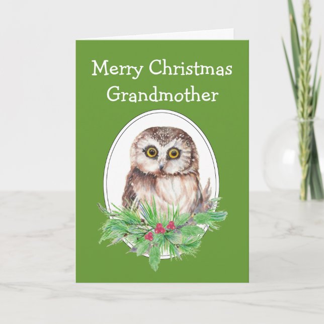 Christmas Grandmother Cute Owl Bird Holly and PIne Holiday Card (Front)