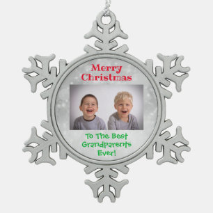 Christmas Grandparents Grandkids Photo Snowflake Pewter Christmas Ornament