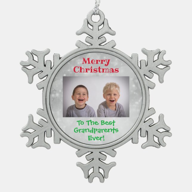 Christmas Grandparents Grandkids Photo Snowflake Pewter Christmas Ornament (Front)