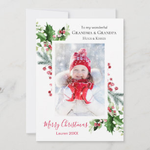 Christmas Grandparents Holly Berry Pine Photo Holiday Card