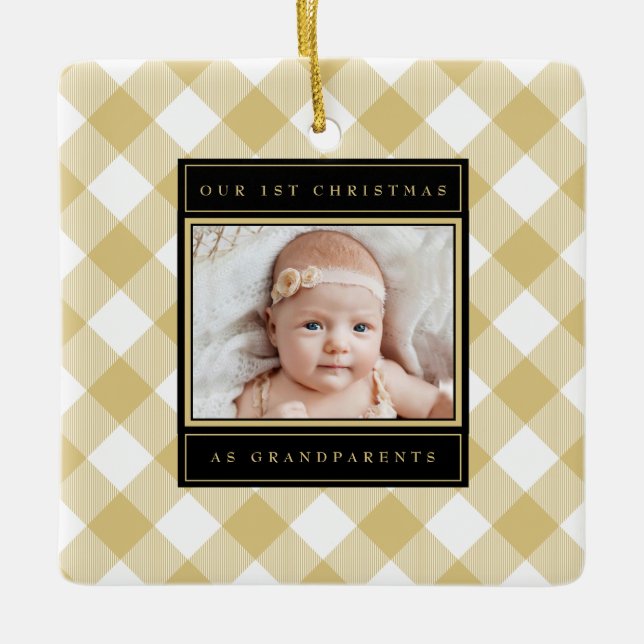 Christmas Grandparents White Gold Plaid Photo Ceramic Ornament (Front)