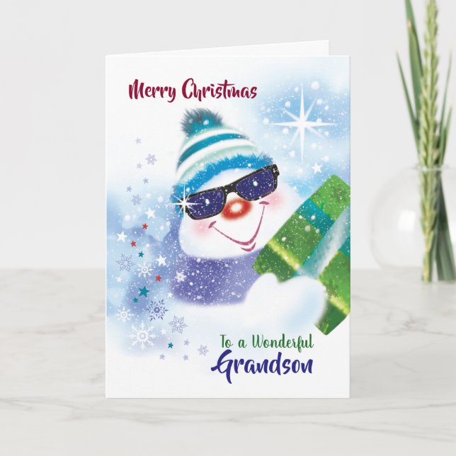 Christmas, Grandson, Cool Snowman in Sunglasses Card (Front)