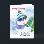 Christmas, Grandson, Cool Snowman in Sunglasses Card<br><div class="desc">A jolly cool snowman wearing dark sunglasses and carrying a present is the original illustration on this cheerful Christmas card for Grandson. Wearing a woolly hat and a big smile,  this cool dude is set against a blue background of snowflakes and falling snow.</div>