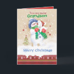 Christmas, Grandson. Cute Snowman and Puppy Holiday Card<br><div class="desc">A sweet Christmas card for a young Grandson. It features an adorable little snow child hugging a cute snow puppy. He is wearing a blue hat, green scarf and red gloves while his puppy is wearing a Santa hat. Snow is falling around them and a decorative Christmas border trims the...</div>