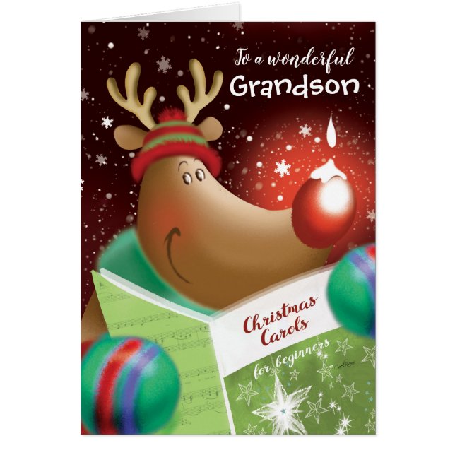 Christmas, Grandson. Snowdrop on Red Nose Deer (Front)