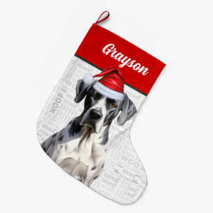 Christmas Great Dane Dog with Name Woof Background Large Christmas Stocking