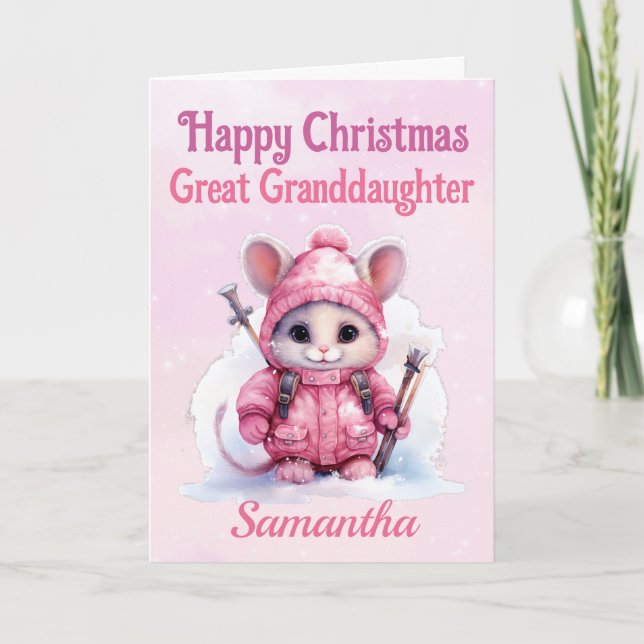 Christmas Great Granddaughter Pink Winter Mouse Holiday Card (Front)