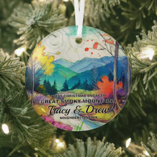 Christmas Great Smoky Mountains Art Couple Engaged Glass Tree Decoration