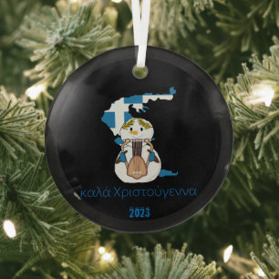 Christmas Greece Flag snowman Glass Tree Decoration