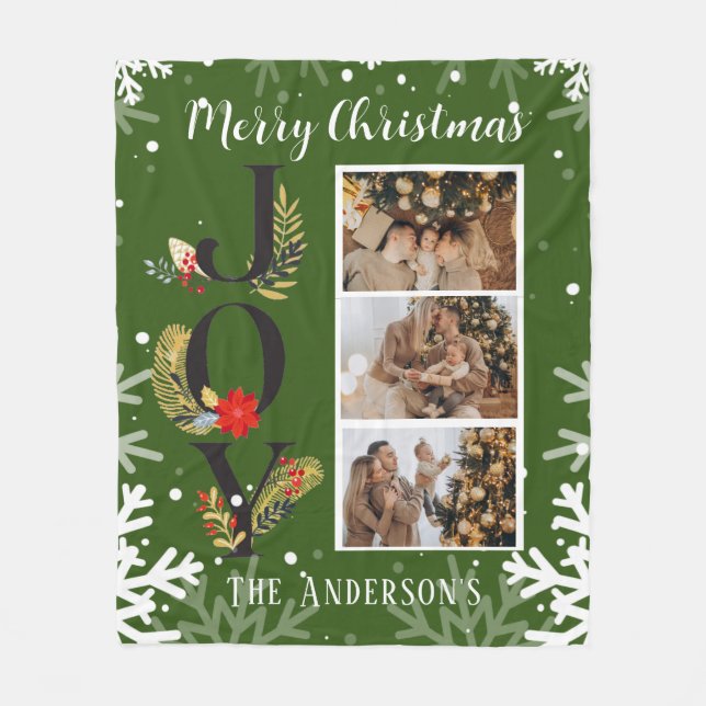 Christmas Green 3 Photo Collage Joy Fleece Blanket (Front)