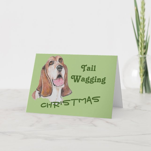 Christmas Green Acrylic Art Basset Hound Realistic Holiday Card (Front)