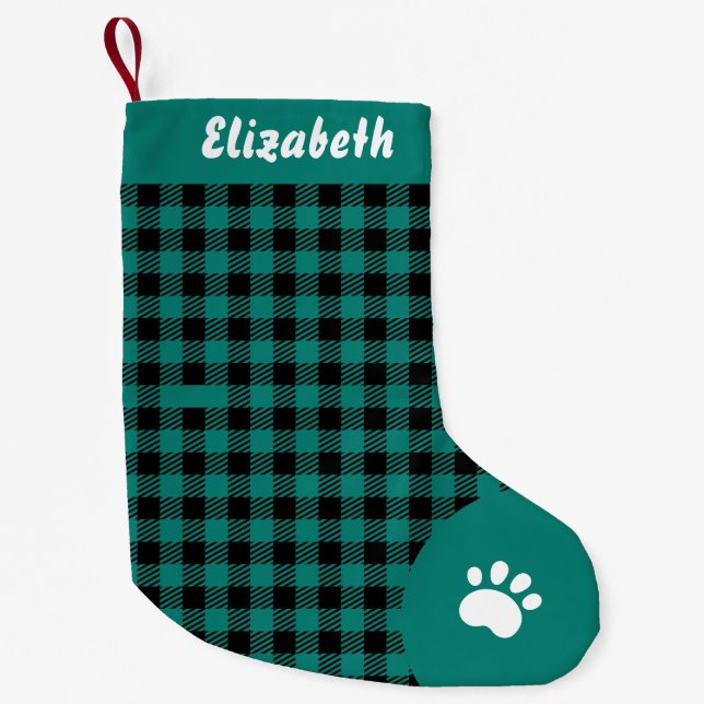 Christmas Green and Black Buffalo Plaid Custom Small Christmas Stocking (Front)