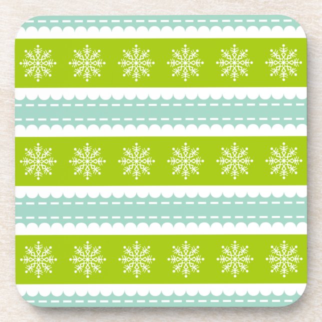 Christmas Green and Blue Stripes With Snowflakes Coaster (Front)