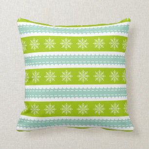 Christmas Green and Blue Stripes With Snowflakes Cushion