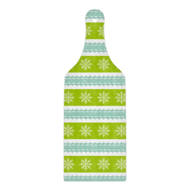 Christmas Green and Blue Stripes With Snowflakes Cutting Board (Front)