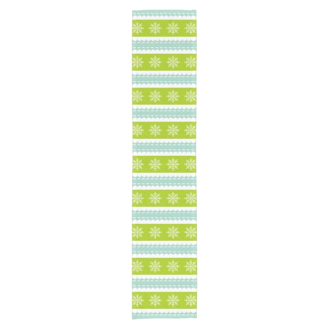 Christmas Green and Blue Stripes With Snowflakes Short Table Runner (Front)