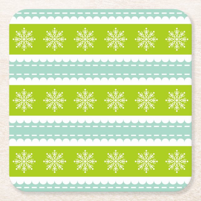 Christmas Green and Blue Stripes With Snowflakes Square Paper Coaster (Front)