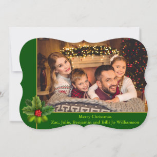 Christmas Green and Gold Frame Fancy Trim Photo Holiday Card