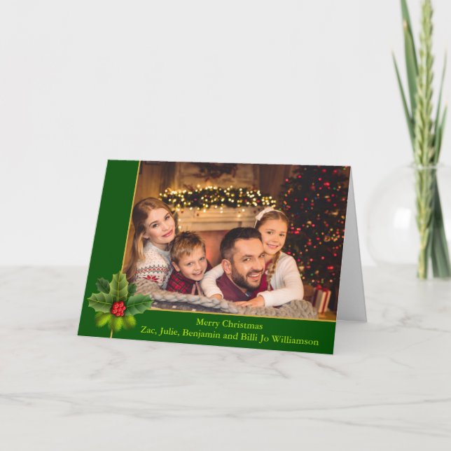 Christmas Green and Gold Frame With Holly Photo Holiday Card (Front)