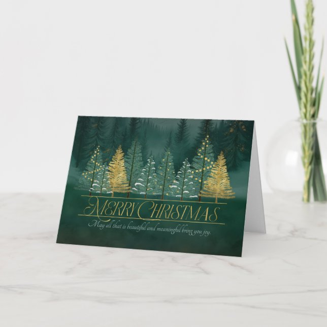Christmas Green and Gold Pine Tree Forest Holiday Card (Front)