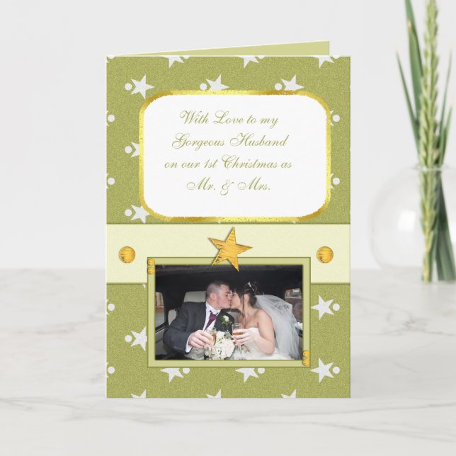 Christmas green and gold with stars and photo holiday card (Front)