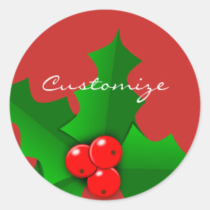 Christmas Green and red holly Thunder_Cove Classic Round Sticker