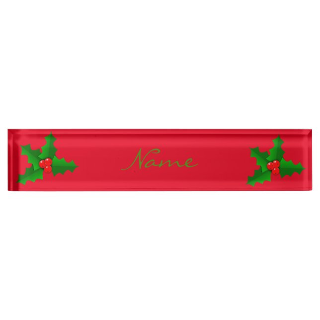 Christmas Green and red holly Thunder_Cove Nameplate (Front)