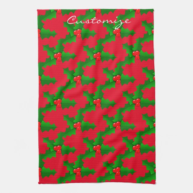 Christmas Green and red holly Thunder_Cove Tea Towel (Vertical)