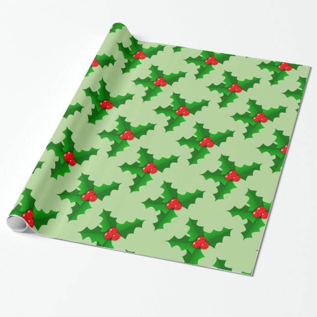 Christmas Green and red holly Thunder_Cove Wrapping Paper (Unrolled)