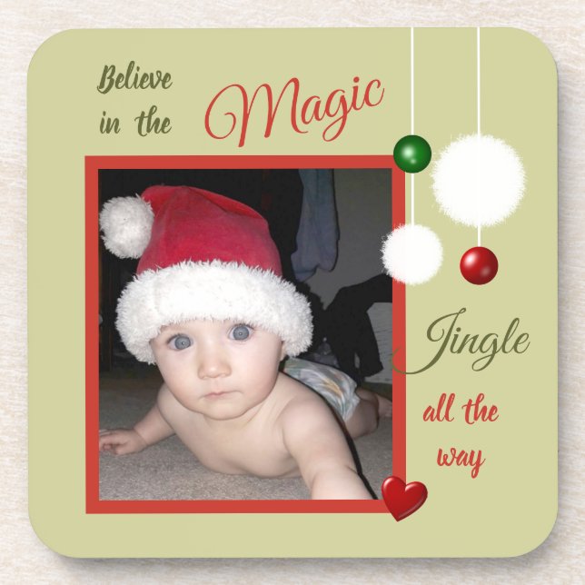 Christmas green and red with a photo and baubles coaster (Front)