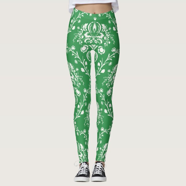 Christmas Green and White Damask Leggings (Front)