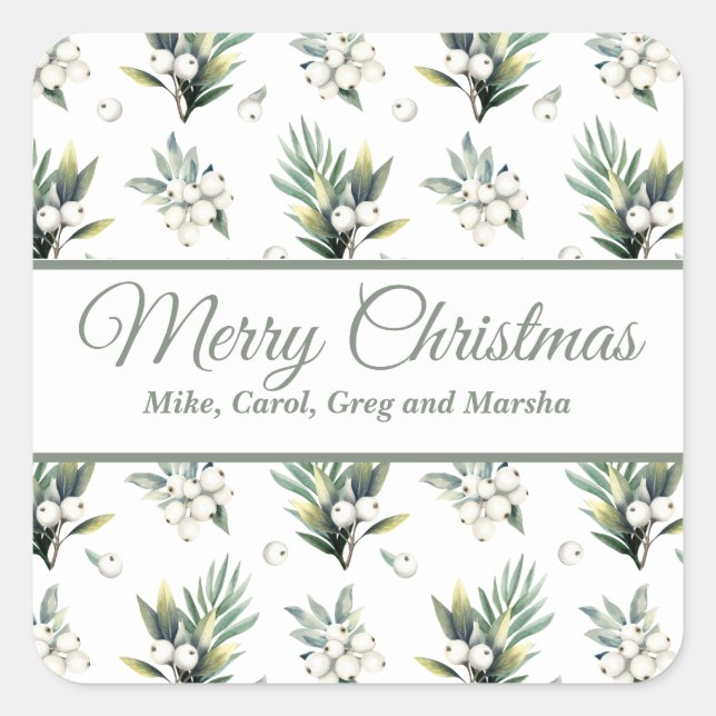 Christmas Green And White Floral Custom Holiday Square Sticker (Front)