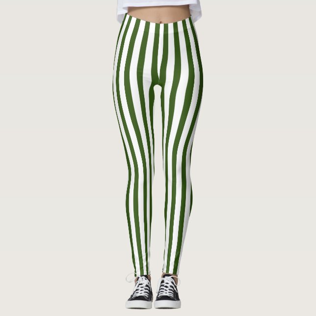 Christmas green and white vertical striped  leggings (Front)