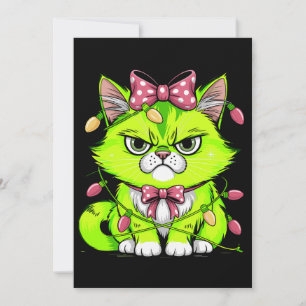 Christmas Green Angry Cat Xmas Lights Pink Bow Holiday Card