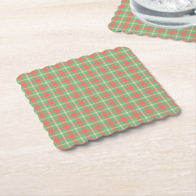 Christmas green-based Plaid Paper Plate Paper Coaster (Angled)
