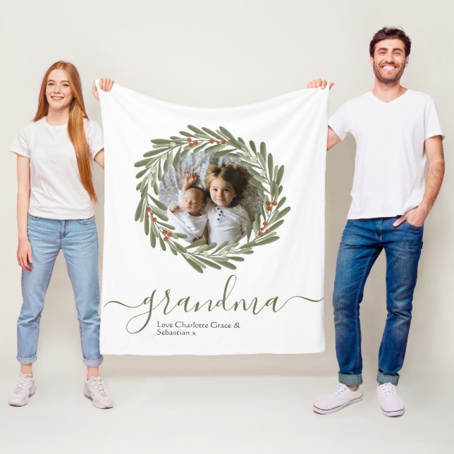 Christmas Green Berry Wreath Photo Personalised Fleece Blanket (In Situ)
