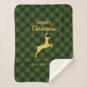 Christmas Green & Black Buffalo Plaid Deer Sherpa Blanket