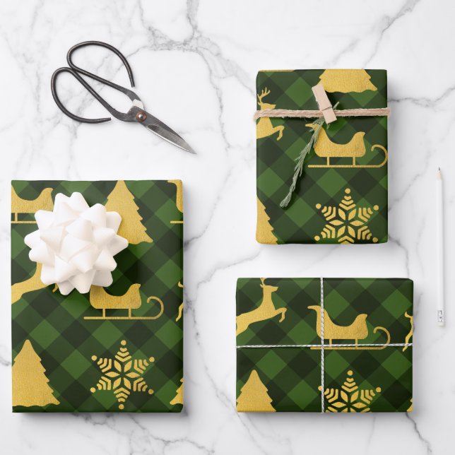 Christmas Green & Black Buffalo Plaid Gold Xmas  Wrapping Paper Sheet (Front)