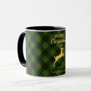 Christmas Green & Black Buffalo Plaid  Reindeer Mug