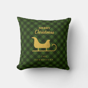 Christmas Green Black Buffalo Plaid Santa Sleigh Cushion