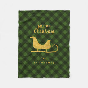 Christmas Green Black Buffalo Plaid Santa Sleigh Fleece Blanket