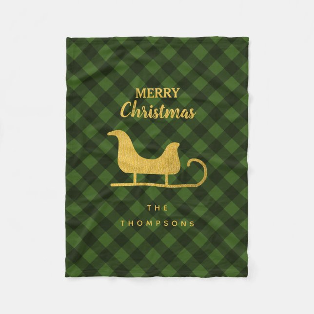 Christmas Green Black Buffalo Plaid Santa Sleigh Fleece Blanket (Front)