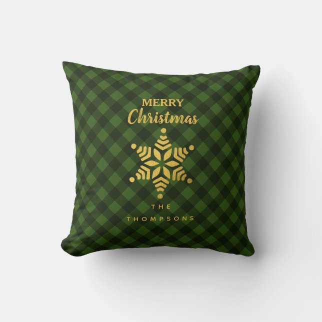 Christmas Green Black Buffalo Plaid Star Snowflake Cushion (Front)