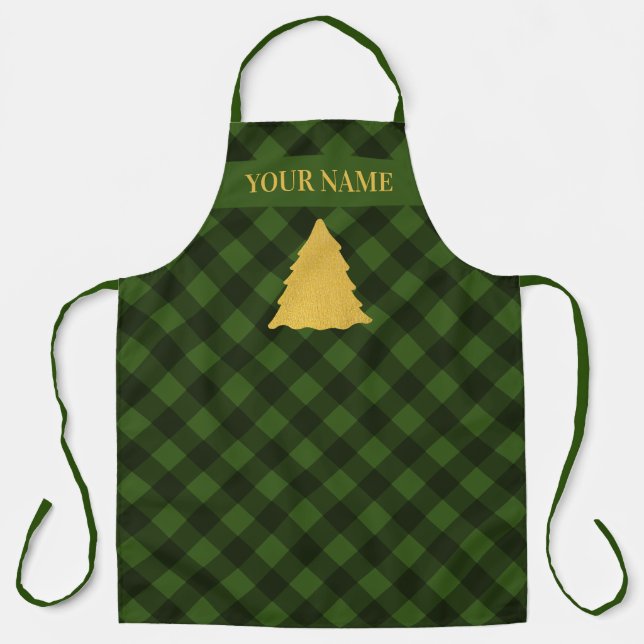 Christmas Green & Black Buffalo Plaid Xmas Tree Apron (Front)