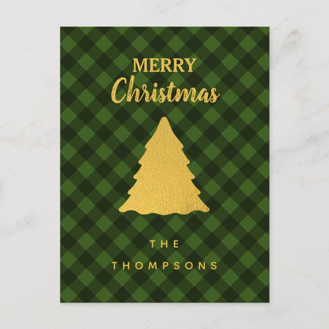 Christmas Green & Black Buffalo Plaid Xmas Tree  Holiday Postcard (Front)