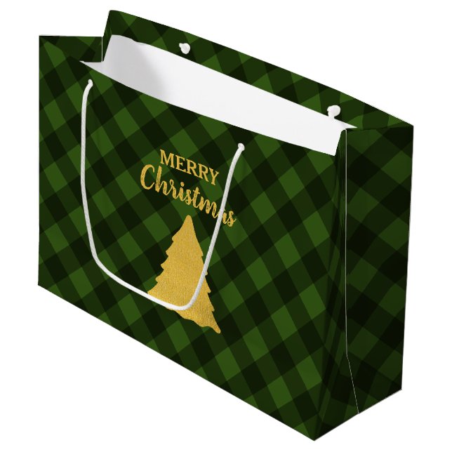 Christmas Green & Black Buffalo Plaid Xmas Tree   Large Gift Bag (Front Angled)