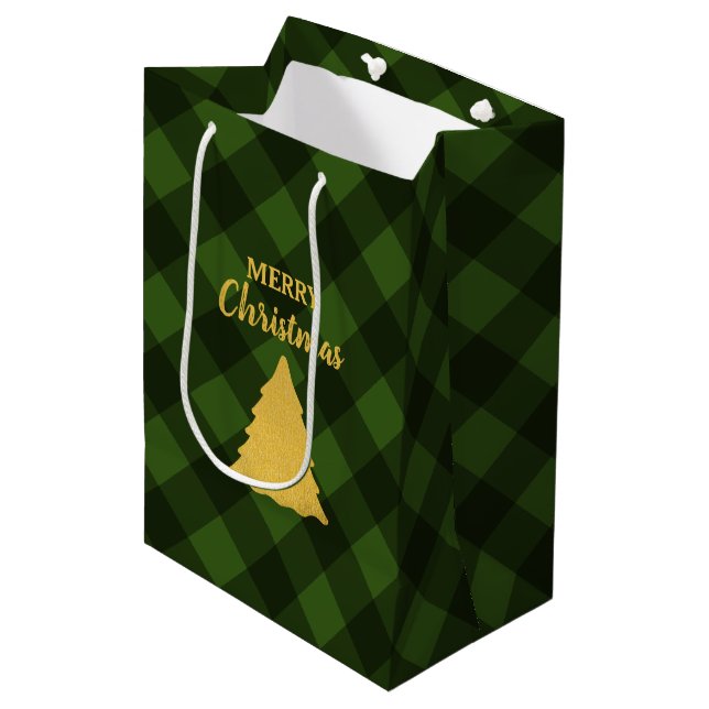 Christmas Green & Black Buffalo Plaid Xmas Tree  Medium Gift Bag (Front Angled)