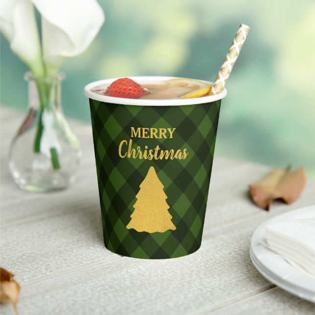 Christmas Green & Black Buffalo Plaid Xmas Tree Paper Cups (Insitu)