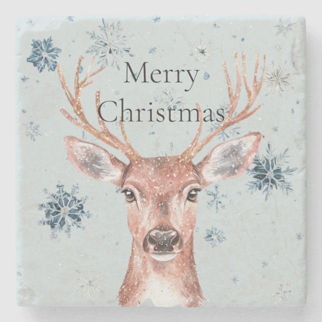 Christmas Green Blue Snowflakes Deer  Stone Coaster (Front)